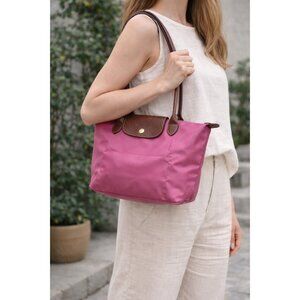 Longchamp Le Pliage Pink Nylon Tote Bag Brown Leather Handle Large Shoulder Bag